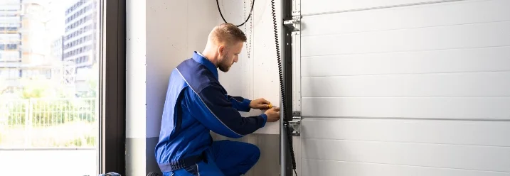 Person repariert Garagentorantrieb mit Schraubenzieher.